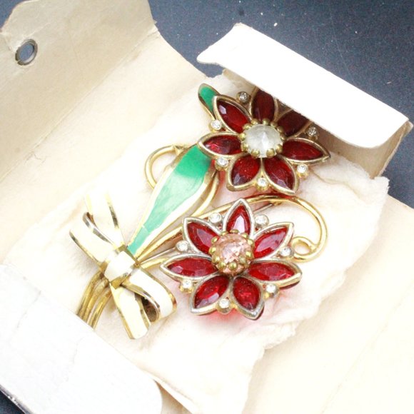 Vintage 40's Glass Flower Enamel Bouquet Designer Brooch - Picture 8 of 11